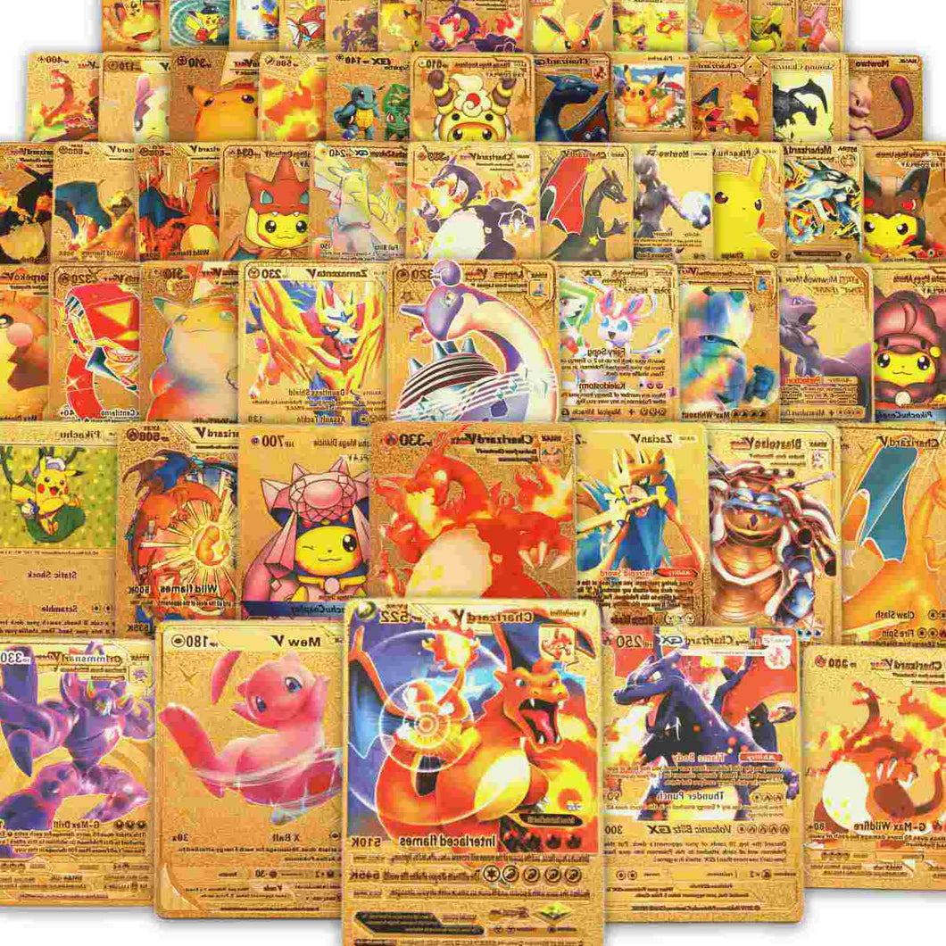 55 PCS Ultra Rare Gold Cards Pocket Card Vmax DX GX Rare Golden Cards TCG Deck Box with Card Holder (No Duplicate) Gold Foil Card for Fans/Collectors Gifts