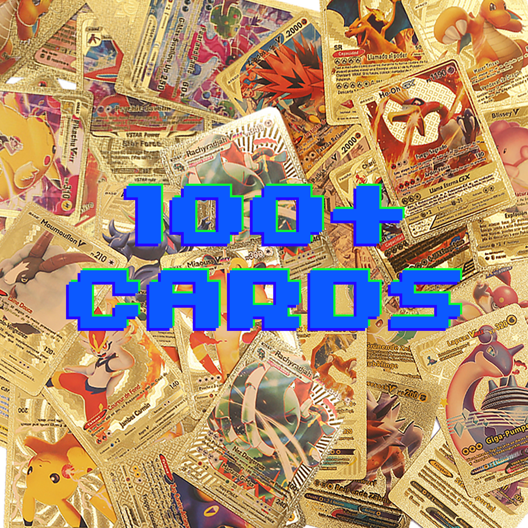 Pocket Card Box Premium 100 PCS Gold and Rainbow Cards Packs Vmax DX GX Rare Golden Cards TCG Deck Box Gold Foil Card for Kids Birthday Party Favors Gifts